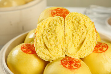 Handmade Chinese Shandong Thousand Layer Pumpkin Steamed Buns with Fortune Character Stamps