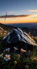 Fototapeta premium Glossy black obsidian rock surrounded by wildflowers on a mountain slope at sunset with scenic distant valley and glowing sky