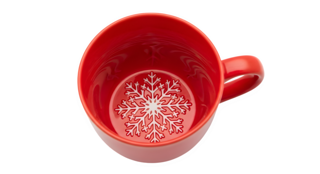 Overhead view of a red mug with snowflake design and a matching coaster isolated on transparent background