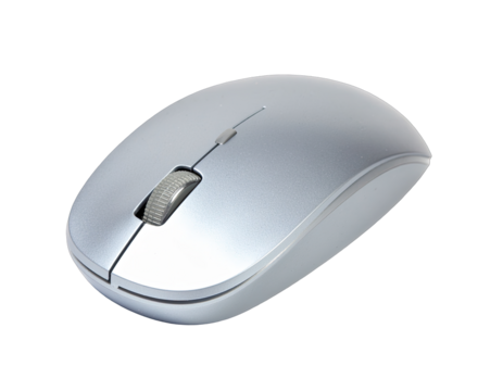 Silver Wireless Computer Mouse Isolated on Black Background Studio Lighting Side View
