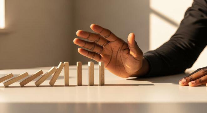 Hand stopping falling wooden dominoes on white table symbolizing intervention decision risk management and crisis prevention