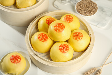 Traditional Chinese Handmade Steamed Buns with Red Stamps in Bamboo Steamer - Authentic Shandong Cuisine