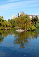 Big lake in Moscow zoo in autumn time, Moscow, Russia