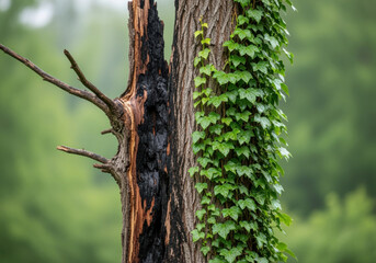 Obraz premium Charred tree trunk with blackened bark contrasts fresh green ivy vines growing along textured wood in vibrant forest background