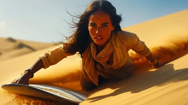 Slow motion video of young woman sand surfer surfing on sand board in summer desert.Zoom out.AI Generative.