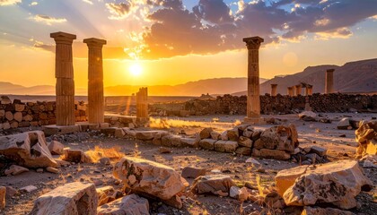 Naklejka premium Jerusalem Israel city sunset view panorama over ancient desert mountains and rocks