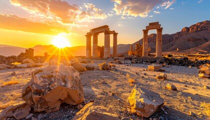 Naklejka premium Jerusalem Israel city sunset view panorama over ancient desert mountains and rocks
