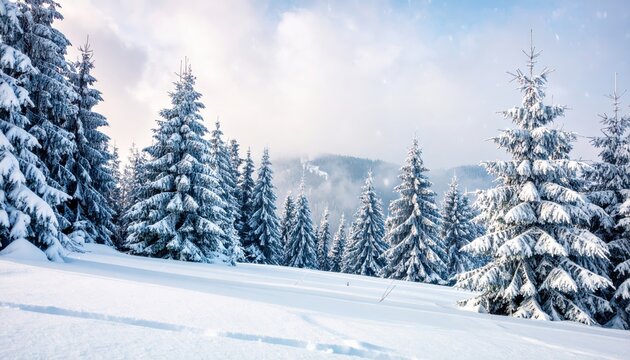 Beautiful blue winter landscape with snow-covered pine trees and frozen mountain forest scene