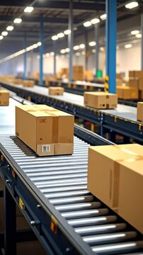 A perspective shot of cardboard boxes on a conveyor belt in a large warehouse