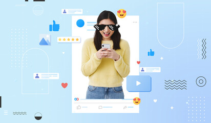 A young woman playing with a smartphone happily, surrounded by social media icons, Interacting with followers, Influencer, Enjoy, Modern art collage