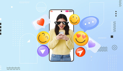 A young woman happily playing with her phone, Live streaming on social media, Interacting with followers, Digital marketing online cencept, Modern art collage