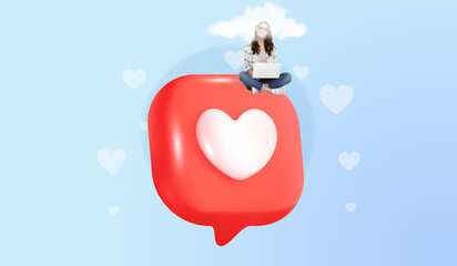 A woman sitting and holding laptop on big heart icon, Social media influencer concept, Social media marketing, The working concept of modern young people, Modern art collage