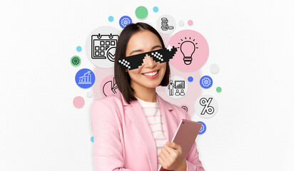 Woman holding tablet, surrounded by icons representing business ideas, Business growth concept, Confident business executive woman, Contemporary art collage