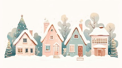 Fototapeta premium Christmas five houses christmas illustration village.
