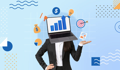 Modern entrepreneur head replaced by Laptop displaying bar chart growth, Digital business success strategy and growth concept, Innovation and finance growth, Modern art collage