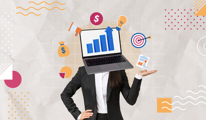 Professional businesswoman head replaced by Laptop showing business performance, Concept of strategic digital marketing and data analysis, Contemporary art collage