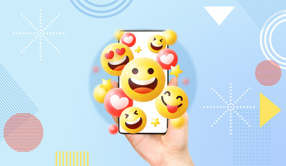 Hand holding smartphone surrounded by cheerful and love emojis, Emotional feedback, Social media engagement, Happiness and joyful online social media, Modern art collage