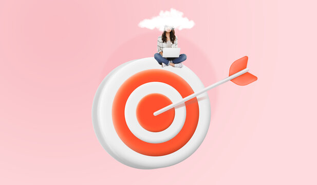 A young woman sitting holding a notebook or laptop on a large 3D target icon, Freelance, Entrepreneur, Goal, Commitment to work, Smart working, Modern art collage