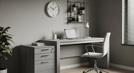 Modern home office desk with laptop and chair