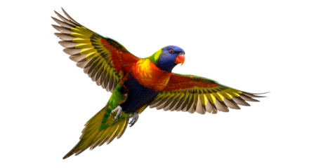Rainbow Lorikeet, in Flight with Wings Spread Wide, cutout, PNG isolated on white or transparent background