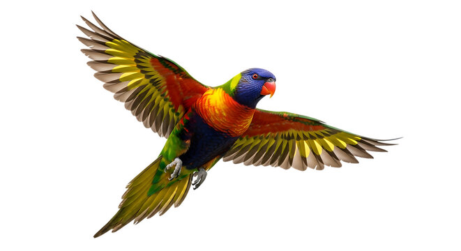 Rainbow Lorikeet, in Flight with Wings Spread Wide, cutout, PNG isolated on white or transparent background