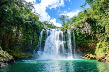 Fototapeta premium Tropical waterfall cascading into a clear turquoise pool surrounded by vibrant green jungle foliage under a bright blue sky.