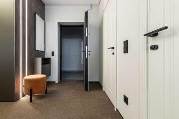 Minimalist Apartment Entry with Open Black Door and Soft Lighting