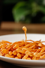 Cordyceps Sinensis Mushroom Spore Head Traditional Chinese Medicine Ingredient on White Plate