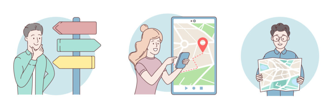 Set of Navigation concept. Hand holding mobile phone and searching route and location with GPS. Online city map, marking locations. Person use smartphone with navigator app. Vector illustration