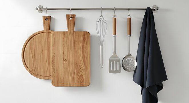 Wooden cutting boards and kitchen utensils hanging on rack