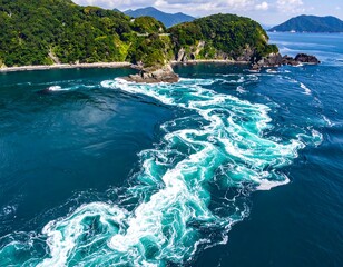 Aerial view of turbulent sea currents and rocky islands under a bright blue sky