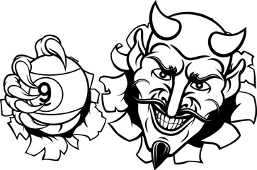 Devil nine ball pool billiards sports mascot holding a 9 ball cartoon illustration