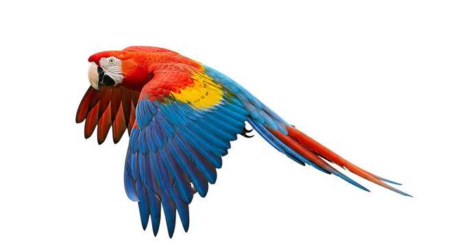 Scarlet Macaw, in Flight with Vibrant Red Blue and Yellow Plumage, cutout, PNG isolated on white or transparent background