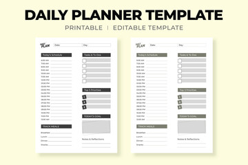Printable Daily Planner Template, Clean Layout for To-Do List, Priorities, and Schedule Tracking