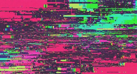 Vibrant neon glitch art with abstract digital distortion and pixelated effects creating dynamic visual noise