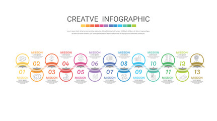 Timeline infographics design vector  13 step, options, can be used for workflow layout, diagram, annual report, web design. Business concept, steps or processes.