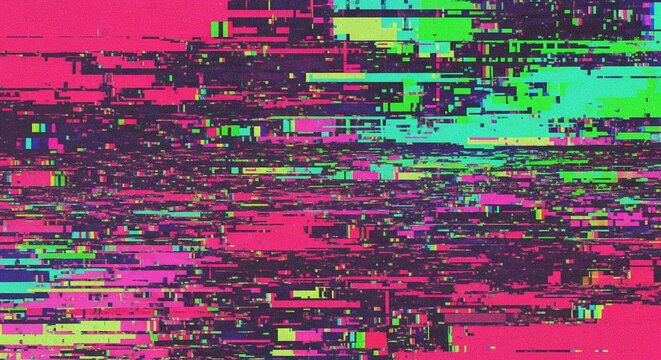 Vibrant neon glitch art with abstract digital distortion and pixelated effects creating dynamic visual noise