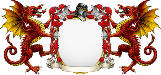 Welsh Dragons, symbol of Wales, coat of arms or crest family heraldry medieval heraldic knight shield with helmet and acanthus filigree scroll ornament in a vintage woodcut style.