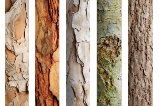 Five distinct vertical tree bark textures displaying natural organic patterns.