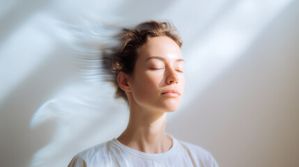 Meditation and sound therapy concept with woman in peaceful trance state. Healing wellness practice with motion blur effect. Mindfulness relaxation for mental health and spiritual balance.