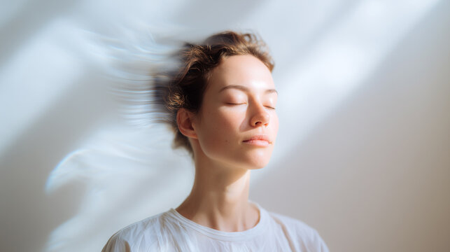 Meditation and sound therapy concept with woman in peaceful trance state. Healing wellness practice with motion blur effect. Mindfulness relaxation for mental health and spiritual balance. - Powered by Adobe