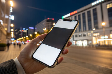 Hand holding smartphone with blank screen in illuminated night city street. Perfect for app mockup, technology, communication, or urban lifestyle themes.