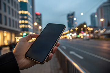 Smartphone with blank screen held by person in modern city evening. Perfect for app presentation, digital mockup, technology, and lifestyle design.
