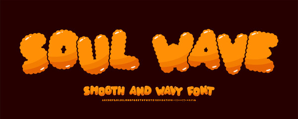 A smooth and wavy groovy font. Orange hippie letters and numbers with shadows and highlights.