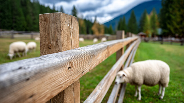 Wooden fence with sheep grazing on farm pasture. Rural countryside landscape with weathered timber rail fencing, livestock in green meadow, mountain forest background, agricultural scenery.