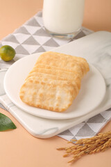 Homemade Rice Krispie Treats with Milk and Fresh Ingredients on Marble Counter