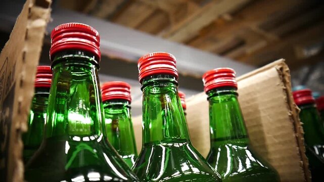 Close-up of many green glass bottles with red metal caps in cardboard factory boxes
