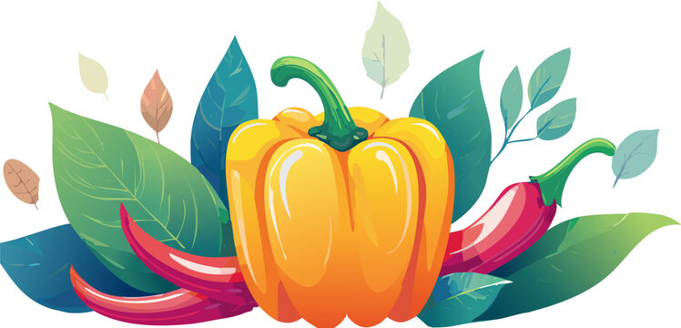 Fresh Vegetable Illustration Featuring Bell Peppers And Natural Green Leaves

