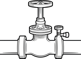 Gate valve illustration, industrial pipeline, fluid control, technical drawing, engineering diagram, mechanical equipment, flanged connection, pressure gauge, black and white, vector sketch