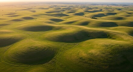 Aerial view of undulating green landscape with rounded hills under soft sunlight